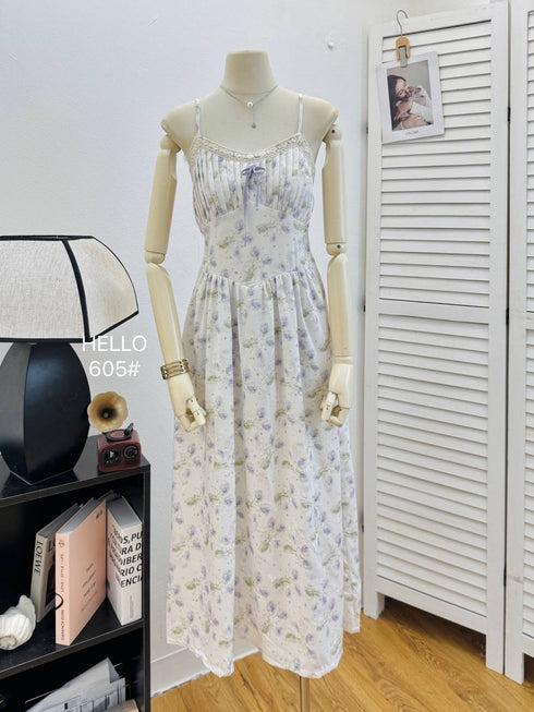 Ladies Spaghetti Straps Floral Print Long Dress
